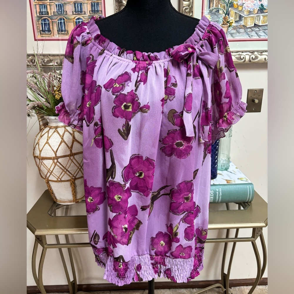 APT 9 PURPLE FLORAL PUFF SLEEVE BOW DETAIL BOHO RUFFLE PEASANT BLOUSE SIZE XL - Picture 2 of 10